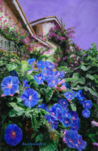 Laden Sie das Bild in den Galerie-Viewer, An impressionistic painting of vibrant blue morning glories in full bloom, climbing a wall with pink bougainvillea flowers above on the balconies and a house facade under a purple sky. The brand name 'BorsheimArts' is visible in the bottom left corner.