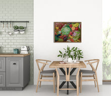 將圖片載入圖庫檢視器 Dining area with wooden table and chairs, kitchen counter, and colorful fruit and vegetable painting on the wall.
