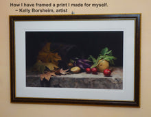 將圖片載入圖庫檢視器 how the artist framed her own print for her kitchen of a painting of seasonal (fall) produce.  brown with gold lining and white mat.