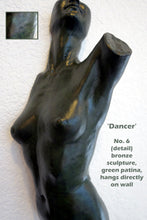 Load image into Gallery viewer, A dark green patina bronze sculpture of a stylized female torso, labeled 'Dancer' No. 6, shown mounted on a textured white wall with a small detail inset and descriptive text.