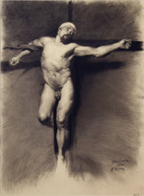 Load image into Gallery viewer, Muscular nude male hangs on crucifix while his eyes look to the heavens.  Charcoal figure drawing on Italian (Umbria) paper is a copy of master artist Mariano Fortuny by contemporary artist Kelly Borsheim