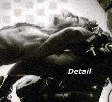 Load image into Gallery viewer, Detail of man's face and hairy chest as his eyes are closed, resting on top of motorcycle, charcoal drawing detail