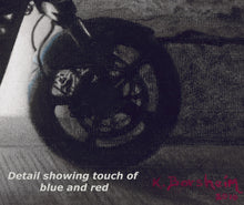 Load image into Gallery viewer, Detail of charcoal drawing showing the front wheel of a motorcycle with a touch of blue on the upper portion of the tire, and the artist's signature signed in red, bottom right