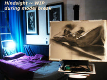 Cargar imagen en el visor de la galería, This shows the scene where the model was lying in bed while the artist drew her.  Photo was taken during the model's break and in the beginning stages of Kelly Borsheim's drawing of Hindsight.