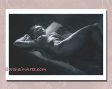 Load image into Gallery viewer, Fine art print on paper with white paper borders in full view of nude woman lying on her bed at night, staring up to the ceiling, lost in thought.
