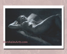 Cargar imagen en el visor de la galería, Fine art print on paper with white paper borders in full view of nude woman lying on her bed at night, staring up to the ceiling, lost in thought.