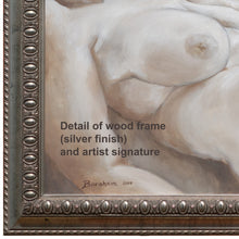 將圖片載入圖庫檢視器 Detail of the original painting showing the lower right corner of the artist signature and the quality of the silver finished wood frame with oval cut raised inner border.