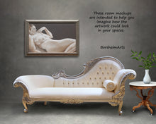 將圖片載入圖庫檢視器 painting of live model Holly in decorative frame shown here in a mockup of a simple living room with a fancy fainting couch.