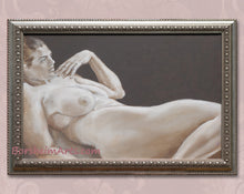 將圖片載入圖庫檢視器 Full painting of reclining nude live model, Holly, in a classic design solid wood frame with silver finish by Kelly Borsheim
