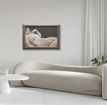 將圖片載入圖庫檢視器 classical nude art painting is elegantly framed for this living room of a long couch with graceful curves in a white room.  Lovely.  Art by artist Kelly Borsheim