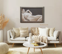 將圖片載入圖庫檢視器 female classical nude painting framed and hung over this boho neutral colored living room scene.