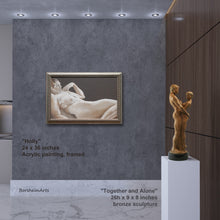 將圖片載入圖庫檢視器 painting of woman lying down is on a wall facing the viewer with a bronze sculpture Together and Alone on a pedestal to the right
