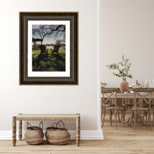 將圖片載入圖庫檢視器 artwork of two Adirondack Chairs in a Texas landscape under oak trees is shown framed and hung in an entryway before a dining room in the background, PRINT of pastel artwork