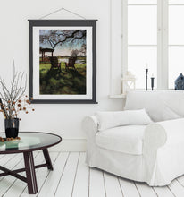 將圖片載入圖庫檢視器 Large print of Texas landscape, two Adirondack empty chairs invite you to relax under the shade of live oak trees.  shown here is bright white living room scene with comfy chair and coffee table