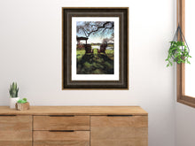 將圖片載入圖庫檢視器 This landscape art print from a pastel drawing of The Vineyard in Florence, Texas, countryside, looks lovely framed on the wall of this neutral colored bedroom closeup mockup (dresser and side window).