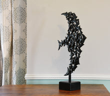 將圖片載入圖庫檢視器 Diagonal view of a tabletop bronze sculpture on a dresser top.  Square granite base hosts the square stick that supports the bronze birds in Murmuration.