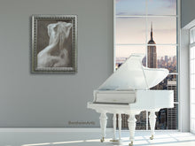 將圖片載入圖庫檢視器 White grand piano in a room with a large window view of a city skyline, framed minimalist figure artwork on the wall.