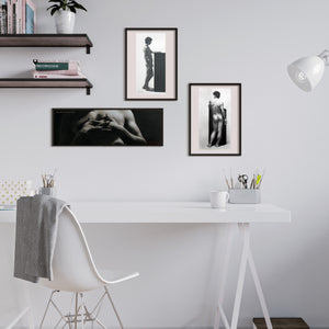 framed male nude drawings, a collection of three by artist Kelly Borsheim, enhance and inspire in this home office wall decor