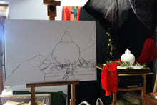 將圖片載入圖庫檢視器 Artistic charcoal sketch of a still life scene on an easel with a white vase and red cloth in the background.
