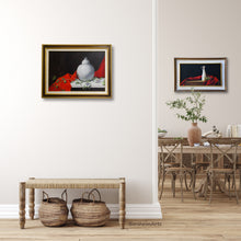 將圖片載入圖庫檢視器 Framed artwork on an entryway wall that opens on the right to view a dining room with another similar painting with vibrant red in a neutrally decorated room with a wood table and chairs in the background, featuring Borsheim Arts branding.