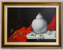 將圖片載入圖庫檢視器 Framed still life painting with a white vase, red cloth, and passion flowers on the vine on a dark background.
