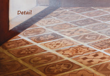 Load image into Gallery viewer, Detail of the figure painting Relinquish showing the Florentine patterns on the floor in a diamond shaped pattern.
