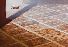 Laden Sie das Bild in den Galerie-Viewer, Detail of the figure painting Relinquish showing the Florentine patterns on the floor in a diamond shaped pattern.