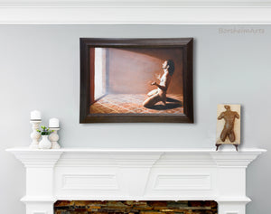 The small bronze male nude torso with stone base rests on a mantel while next to it is the painting Relinquish by artist Kelly Borsheim