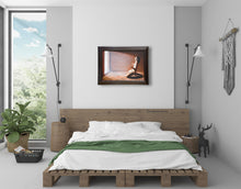 Load image into Gallery viewer, A man humbles himself to accept the light and heal his hurts.  This framed painting in neutral tones looks lovely above the bed in this contemporary bedroom scene.

