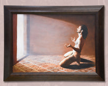 Load image into Gallery viewer, Framed painting of a vulnerable nude man rests on his heels and knees, hands out, relinquishes to accept the light.
