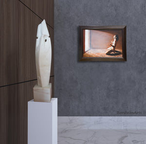 Mockup showing the painting Relinquish by artist Kelly Borsheim, and a white marble sculpture of a flame with figures in relief, a marble carving by sculptor Vasily Fedorouk