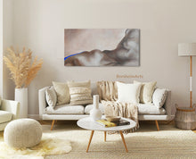 Carica l'immagine nel visualizzatore di Gallery, Showing the large 2 x 4 foot abstracted figure painting as a horizontal in this monochromatic minimalist  living room
