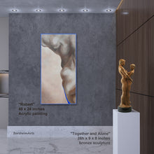Carica l'immagine nel visualizzatore di Gallery, Large vertical abstract nude torso hangs in a gallery setting room.  To the right on a pedestal is a bronze couple sculpture Together and Alone both by Kelly Borsheim