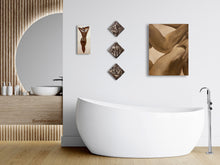 將圖片載入圖庫檢視器 Modern bathroom with a freestanding bathtub, wooden vanity, and body wall art.