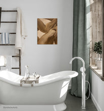 將圖片載入圖庫檢視器 Modern bathroom with a freestanding bathtub, monochromatic figure painting, and natural light.
