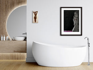 The small female nude back sculpure adds a lovely balance to this contemporary bathroom with large white tub, and a framed in non-glare glass print of artist Kelly Borsheim's drawing of a woman looking to our left.  It is called Nightwatch.