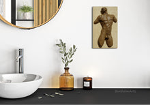Load image into Gallery viewer, Wall-mounted nude bronze figure (here, the male torso called Valentine by artist Kelly Borsheim, is great decor in this contemporary, modern bathroom sink area

