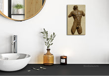 Cargar imagen en el visor de la galería, Wall-mounted nude bronze figure (here, the male torso called Valentine by artist Kelly Borsheim, is great decor in this contemporary, modern bathroom sink area