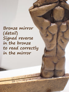 Detail of Artist Signature in mirror and of muscular man's back on the Traditional Patina Signature Reflected Oh Boy! Bronze Mirror of Nude Men