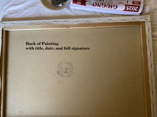 Carica l'immagine nel visualizzatore di Gallery, Back of a painting with text and a Goucho brand product in the background, stapled on the backside with artist's signature