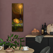 Carica l'immagine nel visualizzatore di Gallery, Kitchen with dining interior with a painting of a still life scene on the wall, a table with plants and a cup, and a counter with bread and wine bottles.
