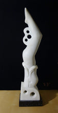 Carica l'immagine nel visualizzatore di Gallery, White abstract sculpture of female diver on a black background, profile view facing right, contemporary 3-d art for poolside