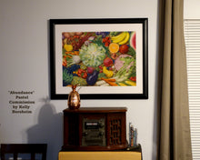 將圖片載入圖庫檢視器 Framed artwork of fruits and vegetables on a wall above a antique wooden radio in a living room.
