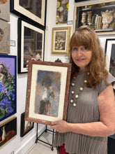 Load image into Gallery viewer, A woman with long light brown hair stands in an art gallery holding a framed painting. The painting depicts a female figure in a peasant dress with a bouquet like collection of onions, set against a soft, painterly background.