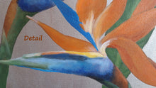 Load image into Gallery viewer, Detail of the bird of paradise flowers to show the metallic blue paint in parts, as well as the silver metallic background on canvas.
