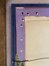 將圖片載入圖庫檢視器 Detail of back of wood frame showing the hook and wire used to hang the art on a wall, the blue wood frame, and the canvas wrapped around wooden stretcher bars inside the frame, secured with thumb tacks.