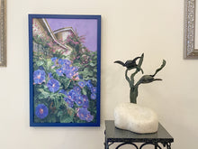 將圖片載入圖庫檢視器 Colorful blue floral painting hangs on a wall with a bronze and stone sculpture of sea turtles swimming in kelp resting on a pedestal to the right of the painting. Both artworks are by artist Kelly Borsheim
