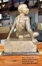將圖片載入圖庫檢視器 Profile view of bronze seated bald man as he twists to look at something far off to his right.  This is a small finely detailed tabletop figure sculpture of a young black man.  Limited edition bronze sculpture