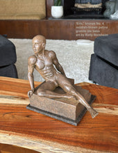 將圖片載入圖庫檢視器 The opaque reddish-brown patina of this small bronze figure sculpture shows off beautifully the chocolate skin of the live male model, art by Kelly Borsheim