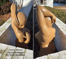 Laden Sie das Bild in den Galerie-Viewer, Two views put together of bronze figure sculpture in an outdoor setting by Kelly Borsheim with a garden background